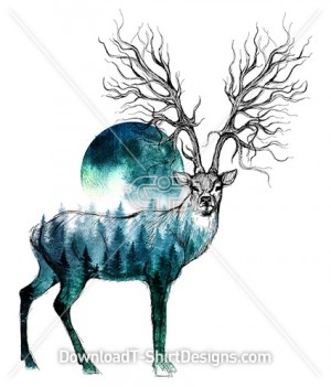 Stag Deer Tree Root Horn Forest Illustration 